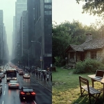 Bir yanda gri ve kalabalık şehir silüeti, diğer yanda yeşillikler içinde huzurlu bir Ege köy evi ve çalışan bir insan; ortada bir ayrım çizgisi.