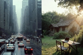 Bir yanda gri ve kalabalık şehir silüeti, diğer yanda yeşillikler içinde huzurlu bir Ege köy evi ve çalışan bir insan; ortada bir ayrım çizgisi.