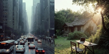 Bir yanda gri ve kalabalık şehir silüeti, diğer yanda yeşillikler içinde huzurlu bir Ege köy evi ve çalışan bir insan; ortada bir ayrım çizgisi.