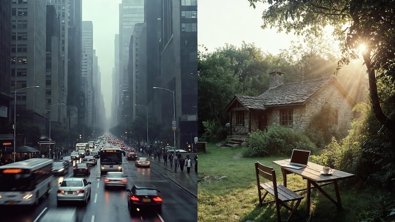 Bir yanda gri ve kalabalık şehir silüeti, diğer yanda yeşillikler içinde huzurlu bir Ege köy evi ve çalışan bir insan; ortada bir ayrım çizgisi.